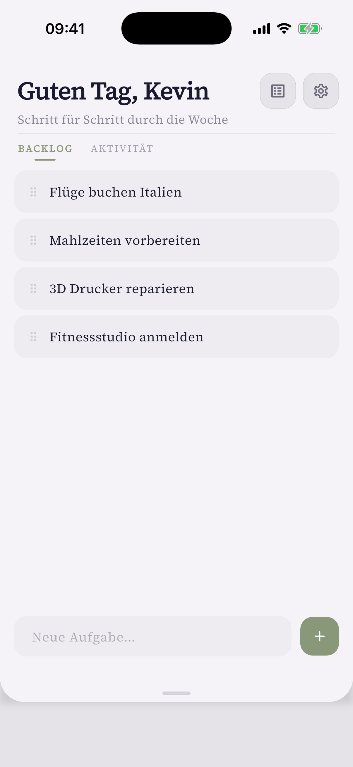 Die Aufgaben-Ablage in oneWeek mit Aufgaben ohne festen Tag.