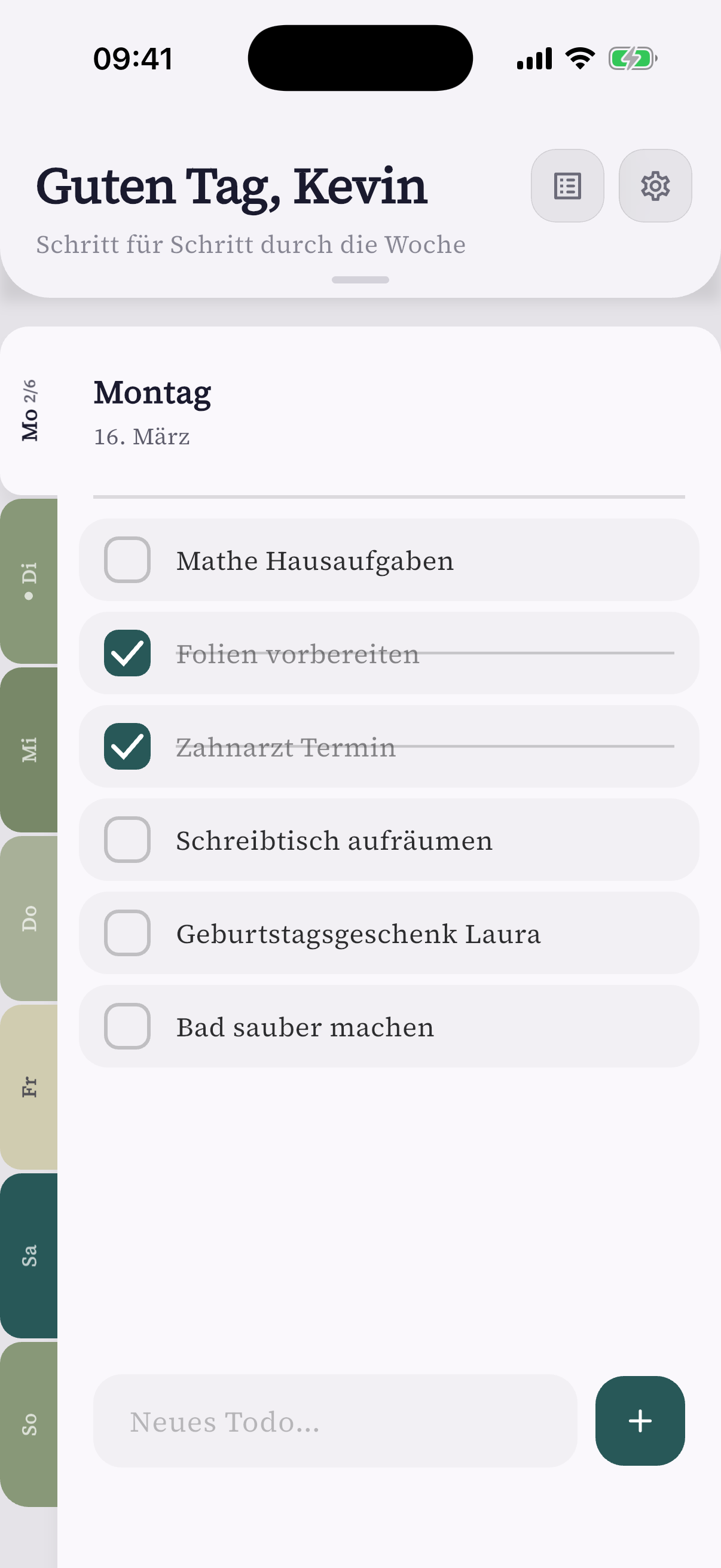 oneWeek mit einer Aufgabenliste und farbigen Registern für jeden Wochentag.