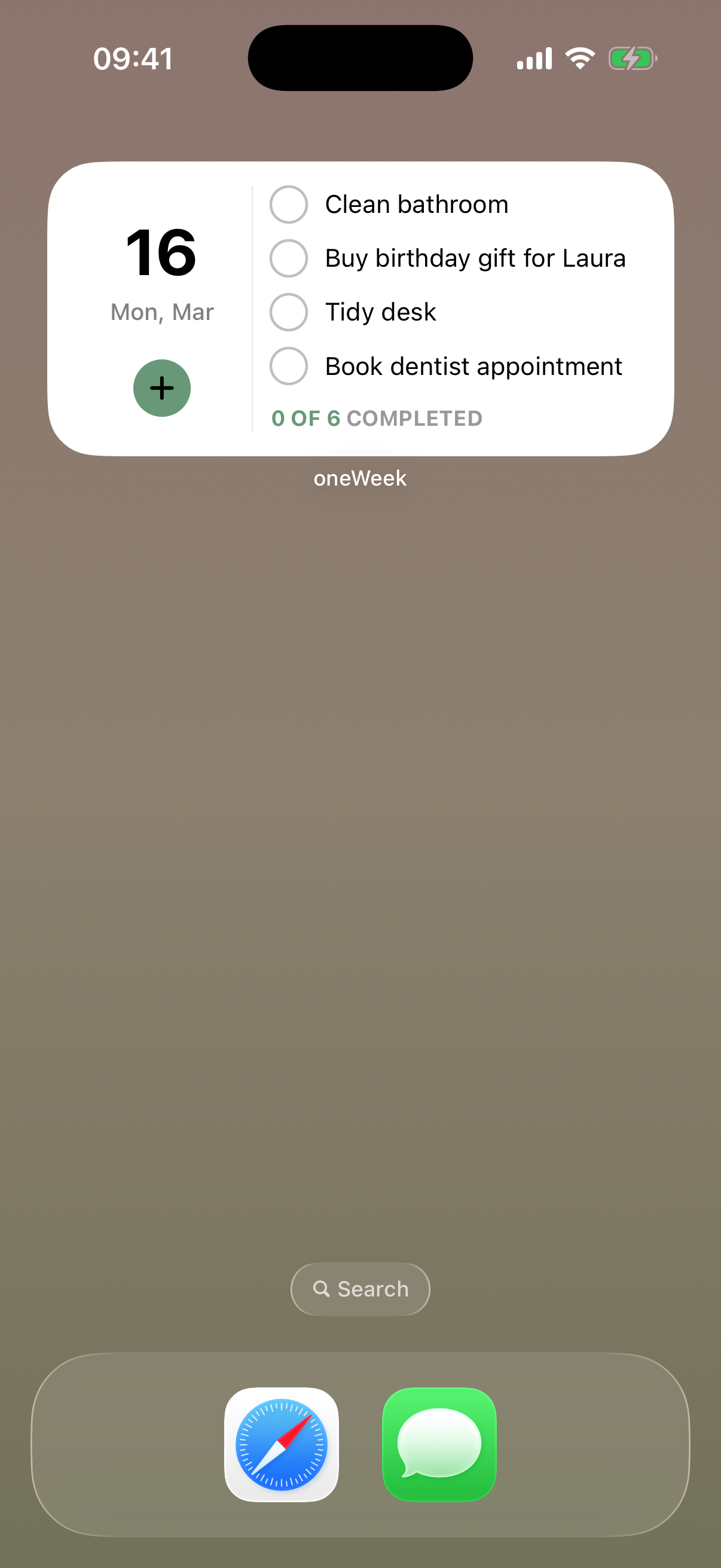 Das breite oneWeek-Widget mit den heutigen Aufgaben und einem Button für neue Todos.